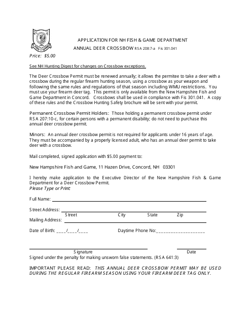 Application for Nh Fish & Game Department Annual Deer Crossbow - New Hampshire Download Pdf