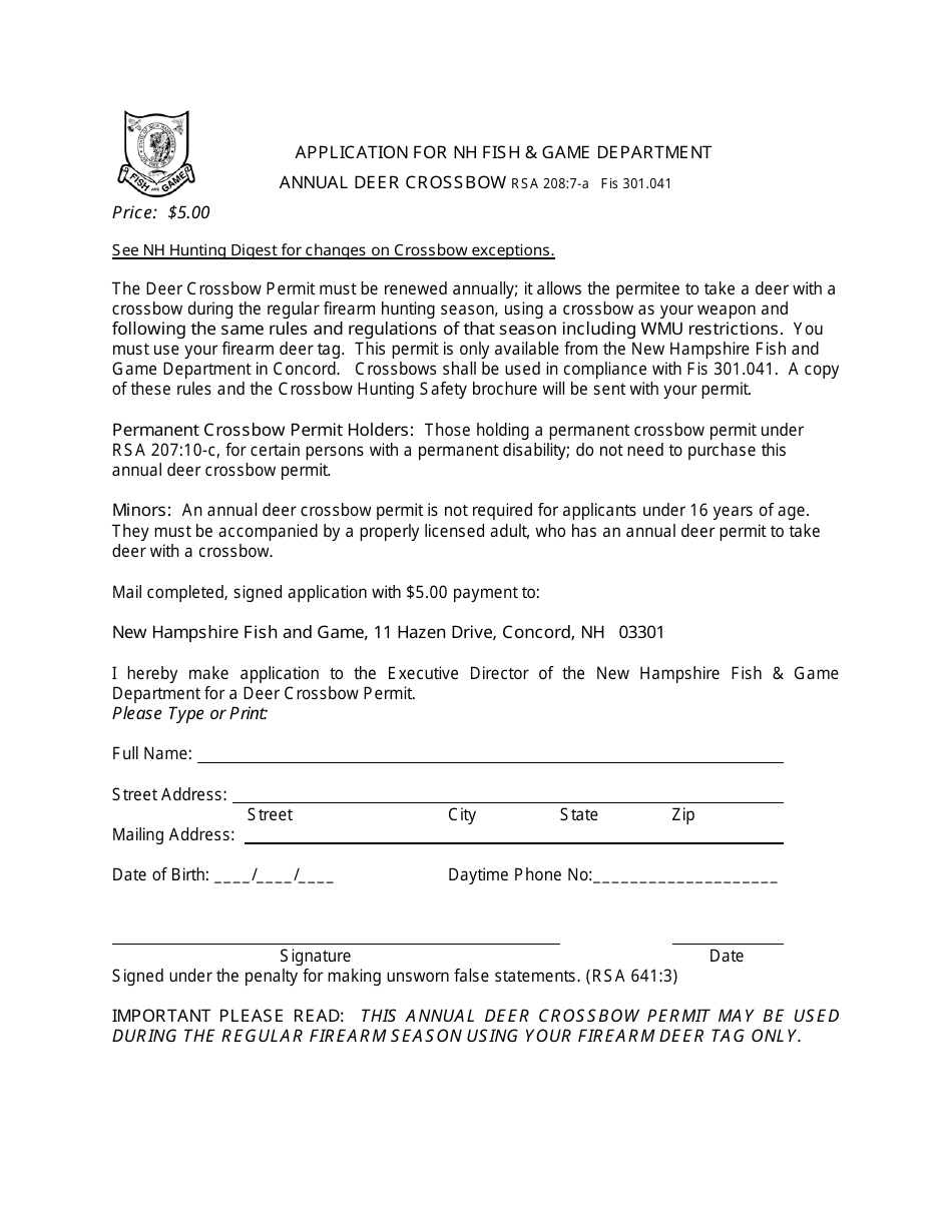 Application for Nh Fish  Game Department Annual Deer Crossbow - New Hampshire, Page 1