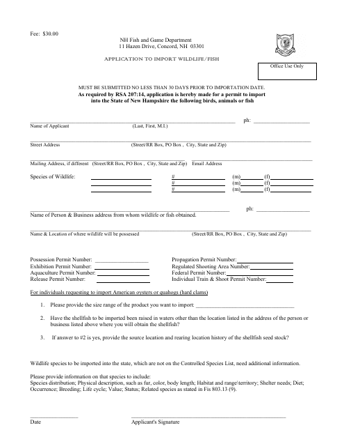 Application to Import Wildlife / Fish - New Hampshire Download Pdf