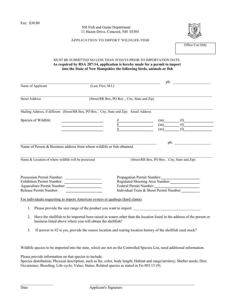 Application to Import Wildlife / Fish - New Hampshire, Page 1