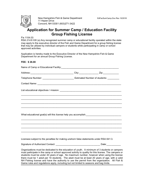 Application for Summer Camp / Education Facility Group Fishing License - New Hampshire Download Pdf