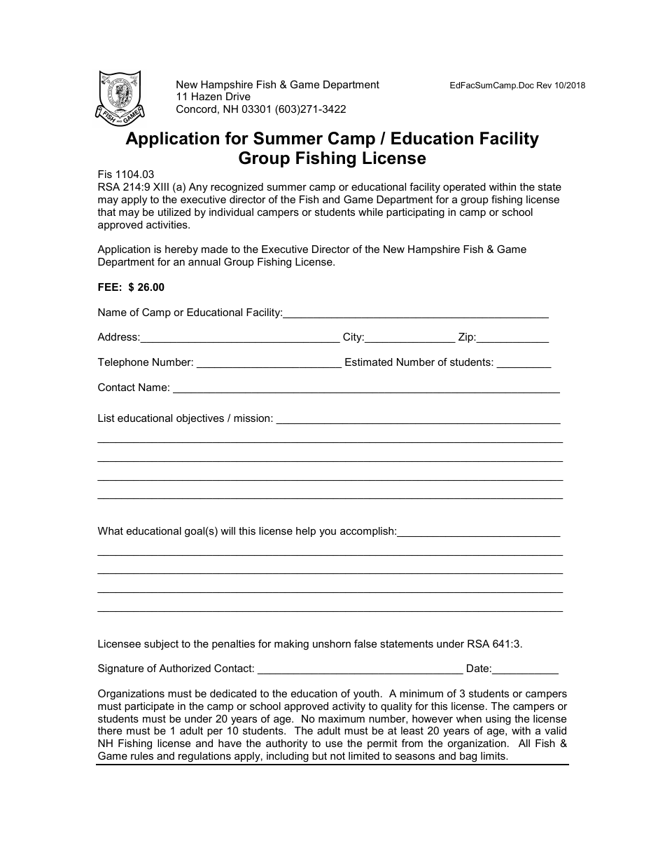 Application for Summer Camp / Education Facility Group Fishing License - New Hampshire, Page 1
