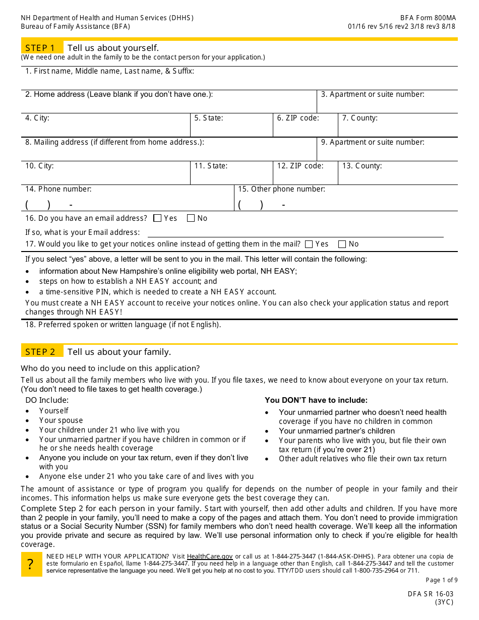 BFA Form 800MA Application for Health Coverage  Help Paying Costs - New Hampshire, Page 3