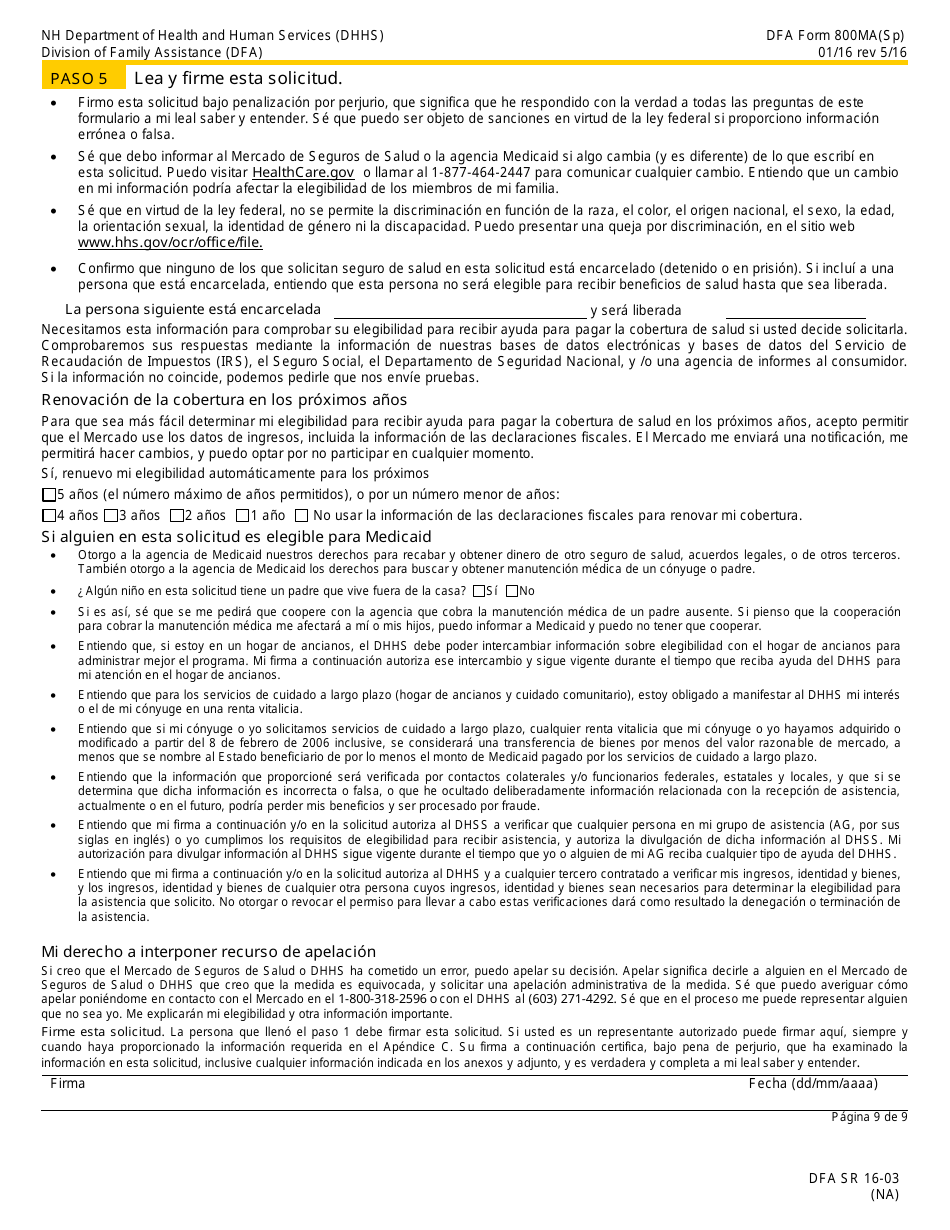 Formulario 800MA Solicitud De Cobertura De Salud Y Ayuda Para Pagar Los Costos - New Hampshire (Spanish), Page 11