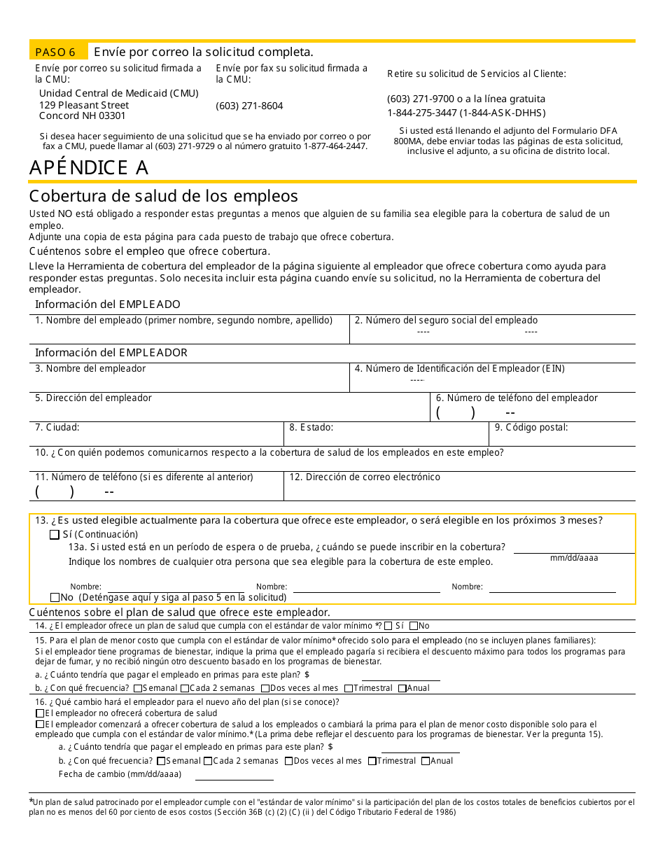 Formulario 800MA Solicitud De Cobertura De Salud Y Ayuda Para Pagar Los Costos - New Hampshire (Spanish), Page 12