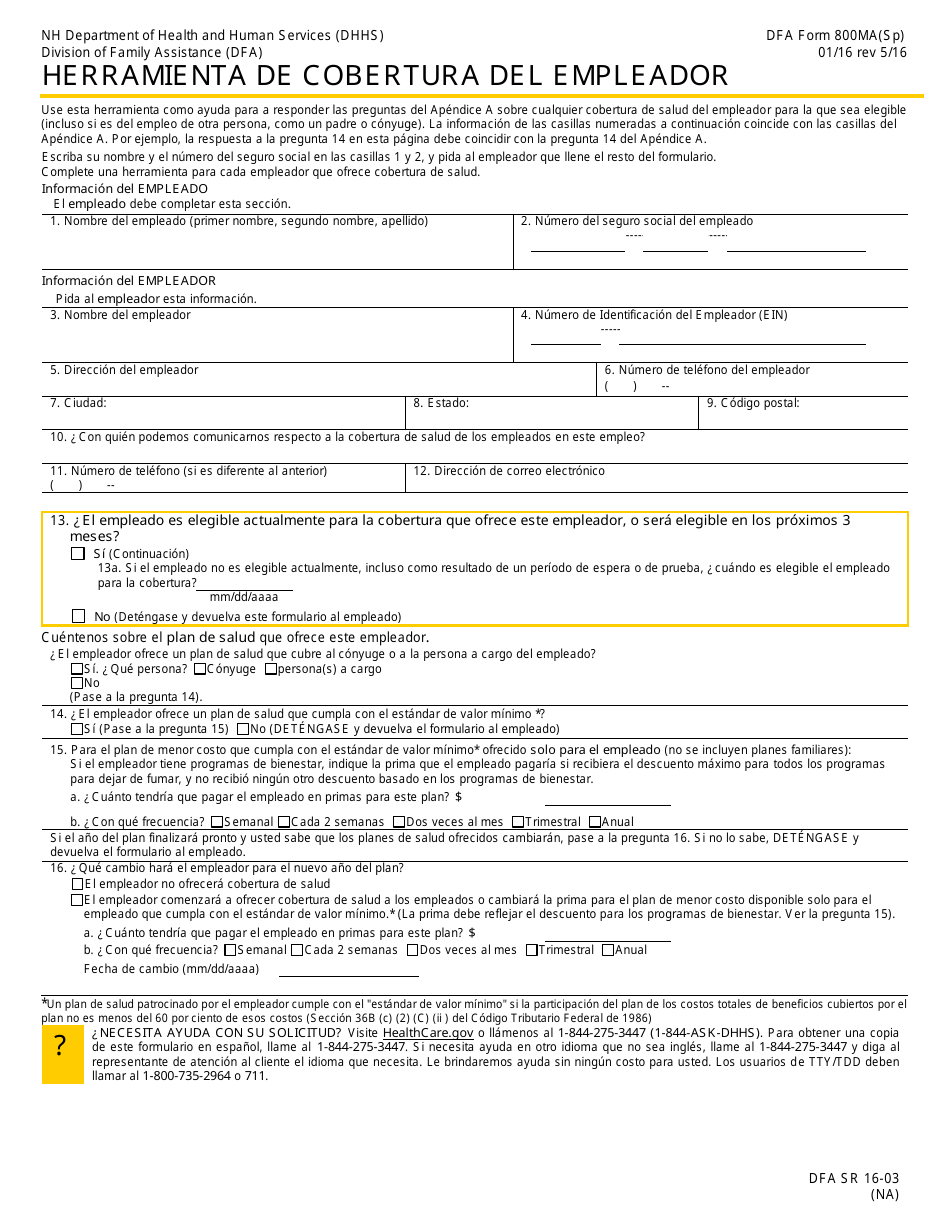 Formulario 800MA Solicitud De Cobertura De Salud Y Ayuda Para Pagar Los Costos - New Hampshire (Spanish), Page 13
