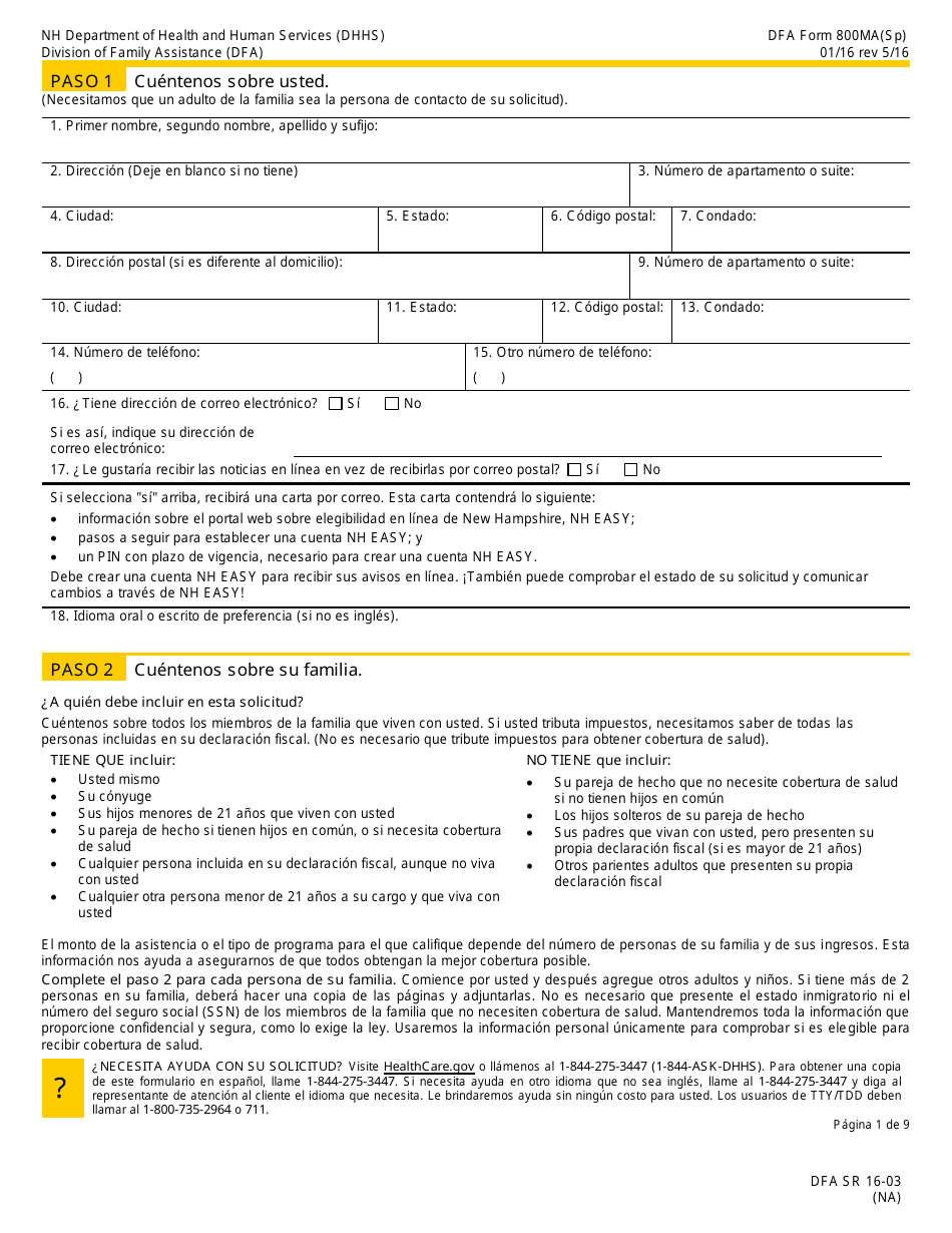 Formulario 800MA Solicitud De Cobertura De Salud Y Ayuda Para Pagar Los Costos - New Hampshire (Spanish), Page 3