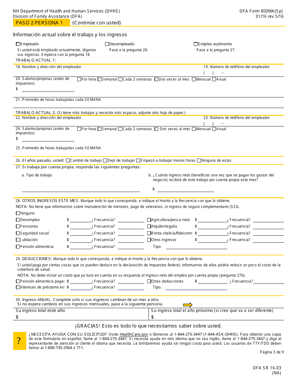 Formulario 800MA Solicitud De Cobertura De Salud Y Ayuda Para Pagar Los Costos - New Hampshire (Spanish), Page 5