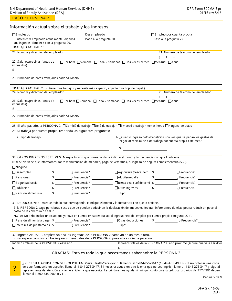 Formulario 800MA Solicitud De Cobertura De Salud Y Ayuda Para Pagar Los Costos - New Hampshire (Spanish), Page 7