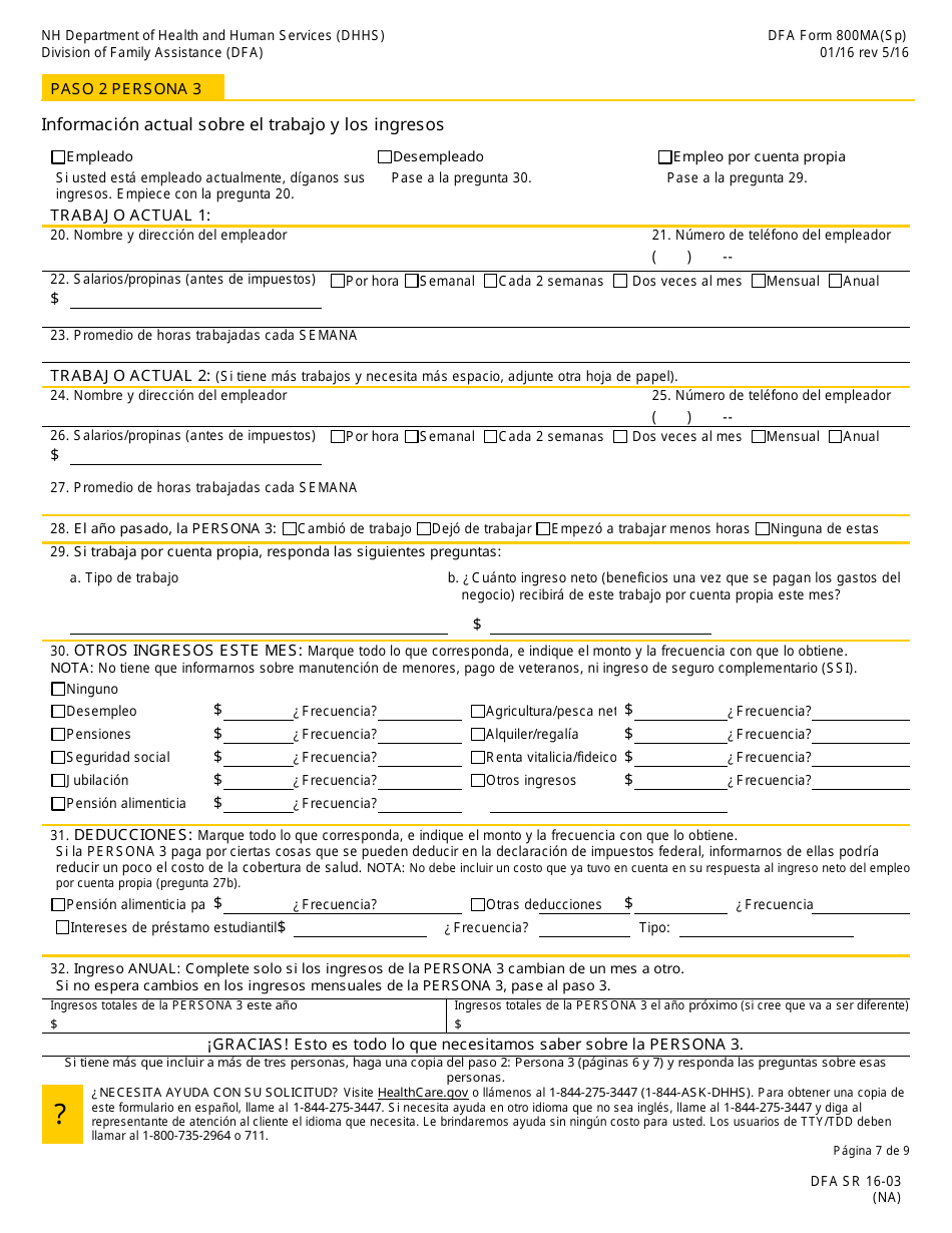 Formulario 800MA Solicitud De Cobertura De Salud Y Ayuda Para Pagar Los Costos - New Hampshire (Spanish), Page 9