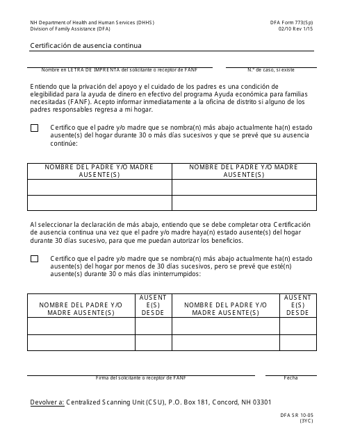 Formulario 773 Certificacion De Ausencia Continua - New Hampshire (Spanish)