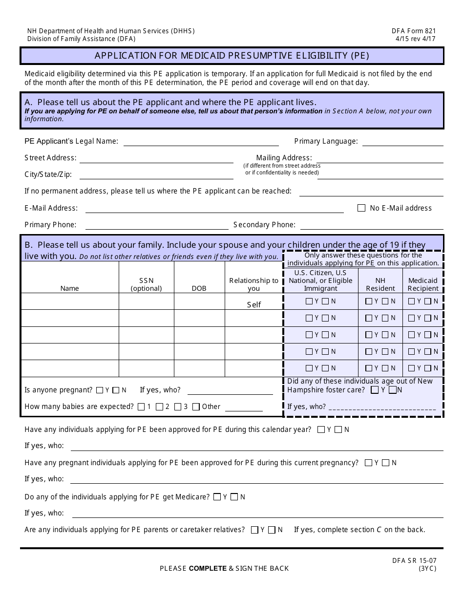 DFA Form 821 Application for Medicaid Presumptive Eligibility (Pe) - New Hampshire, Page 1
