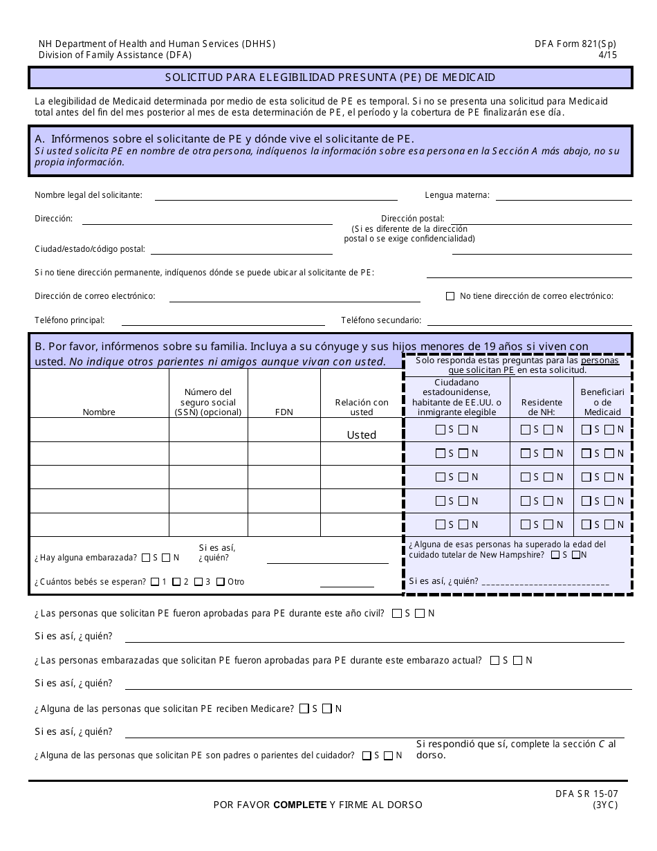 Formulario 821 Solicitud Para Elegibilidad Presunta (Pe) De Medicaid - New Hampshire (Spanish), Page 1