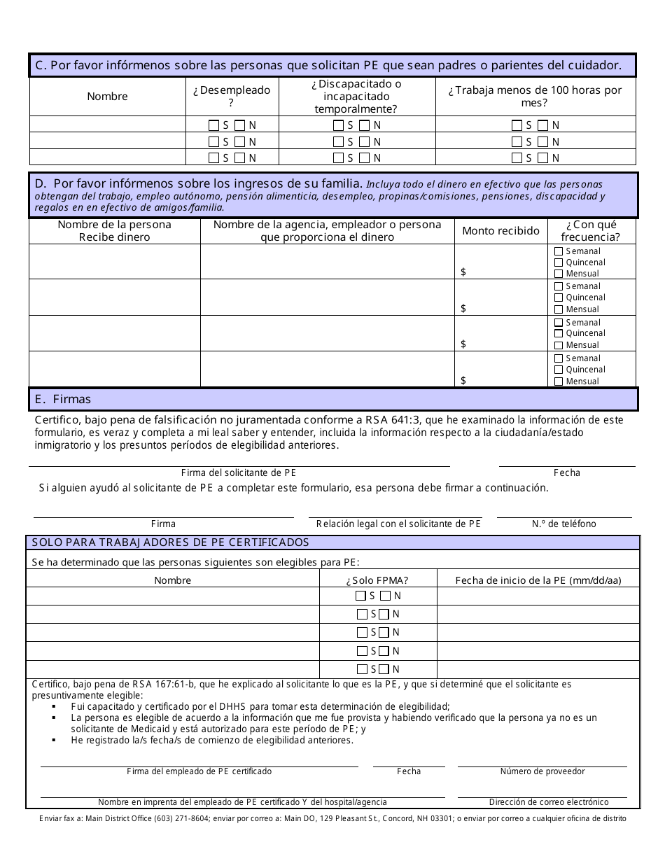 Formulario 821 Solicitud Para Elegibilidad Presunta (Pe) De Medicaid - New Hampshire (Spanish), Page 2