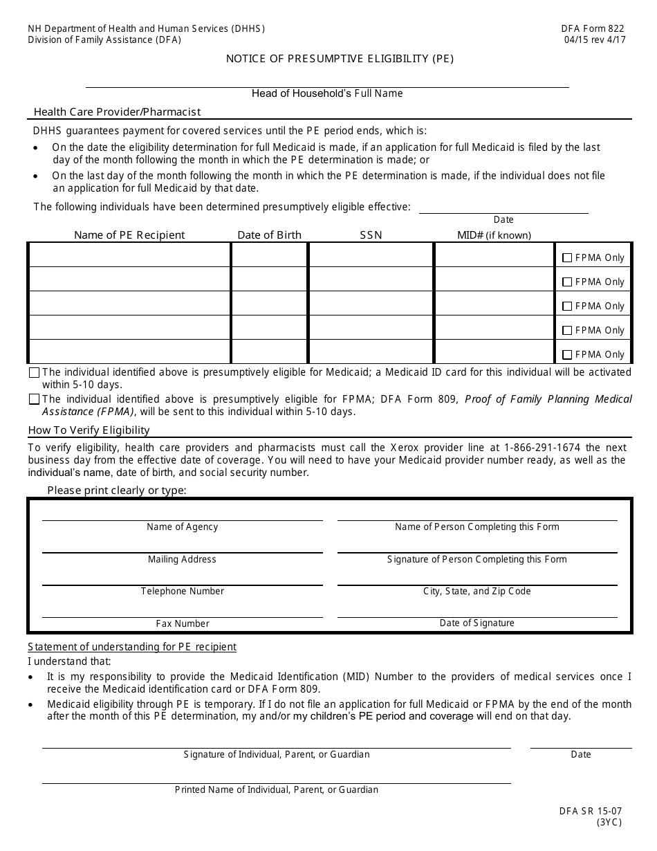 DFA Form 822 Notice of Presumptive Eligibility (Pe) - New Hampshire, Page 1