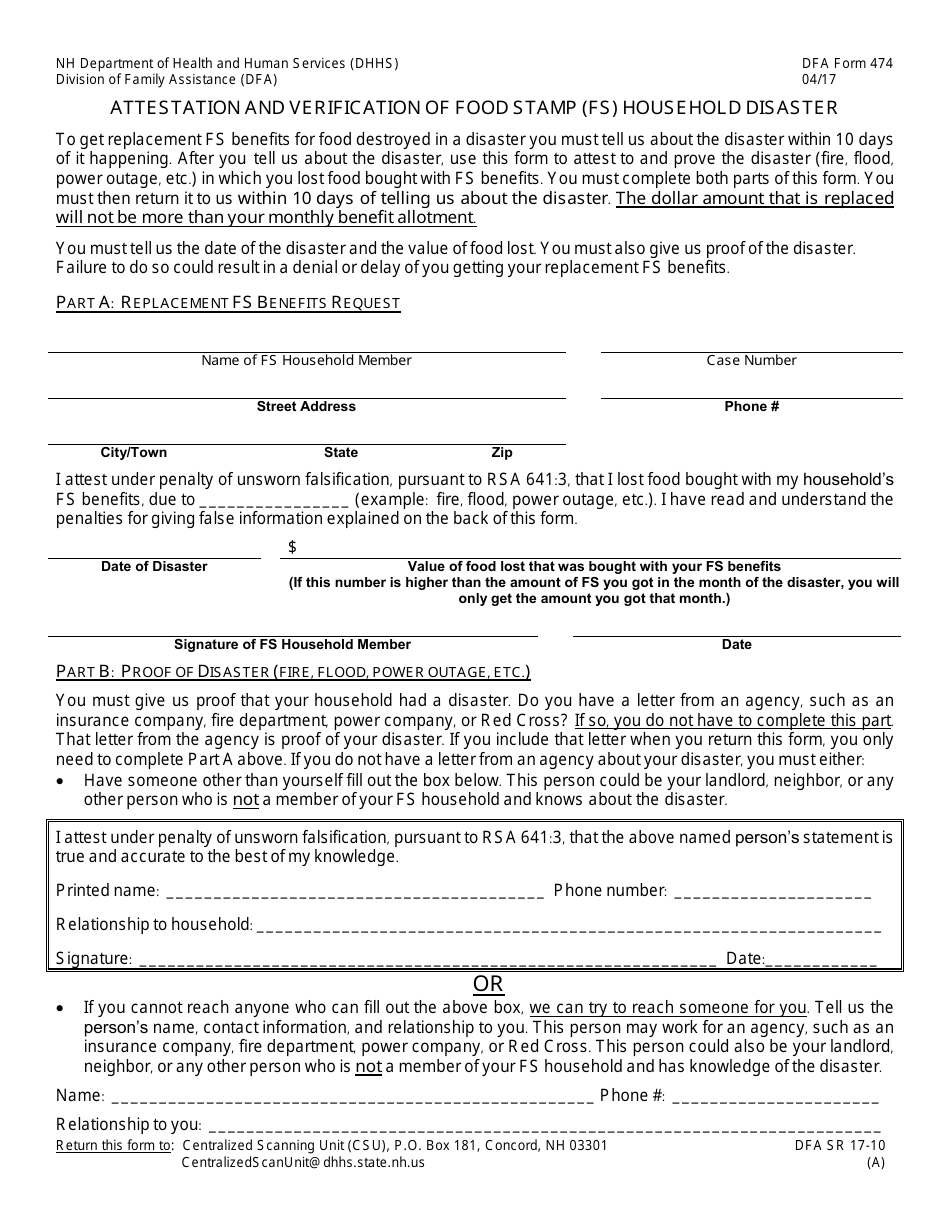 Form 474 Attestation and Verification of Food Stamp (Fs) Household Disaster - New Hampshire, Page 1