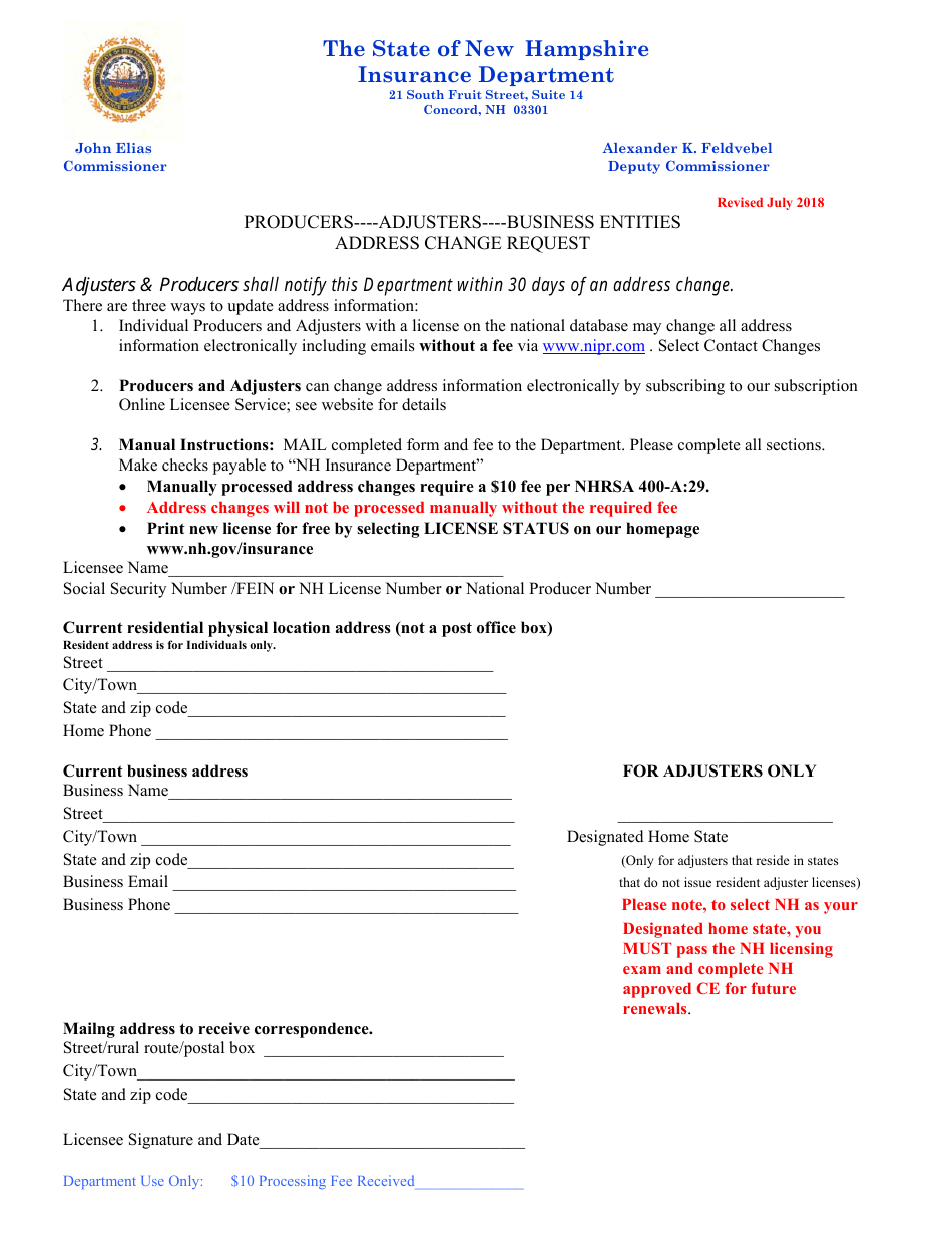 Address Change Request Form - New Hampshire, Page 1