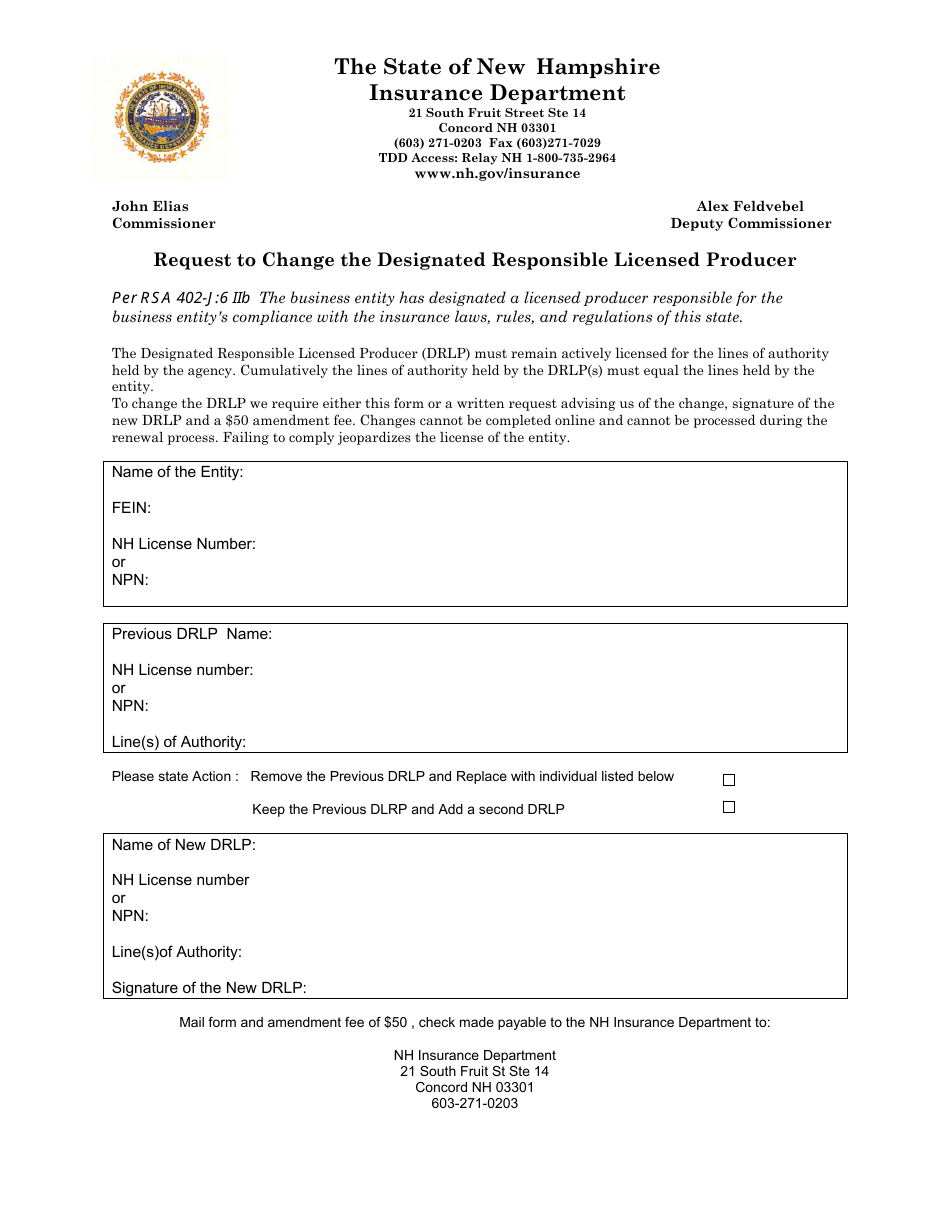 Request to Change the Designated Responsible Licensed Producer - New Hampshire, Page 1