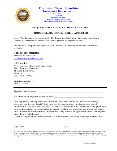 Request Form to Surrender, Terminate or Cancel a License - New Hampshire Download Pdf