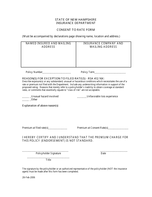 Consent to Rate Form - New Hampshire Download Pdf