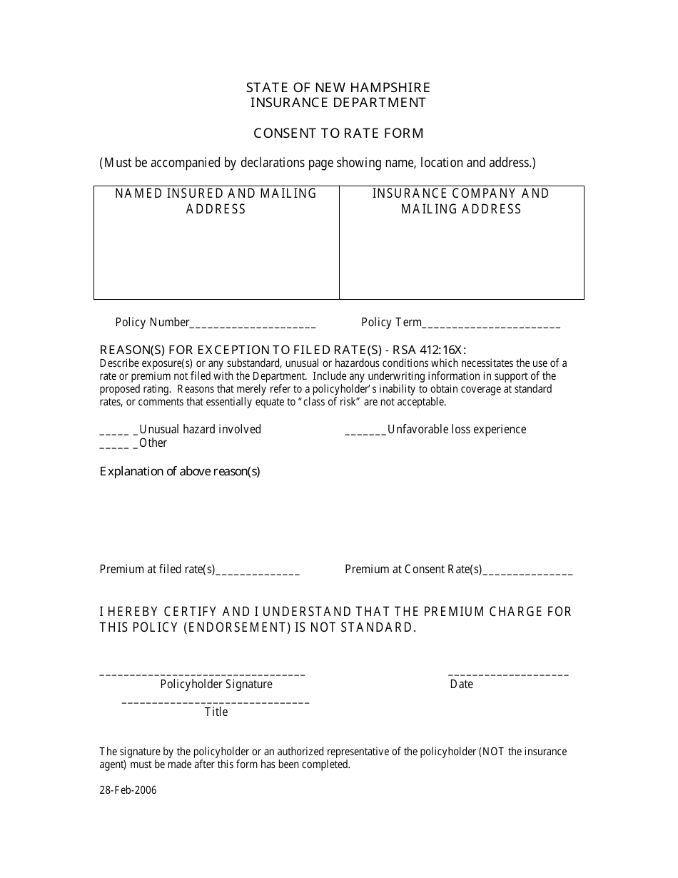 Consent to Rate Form - New Hampshire, Page 1