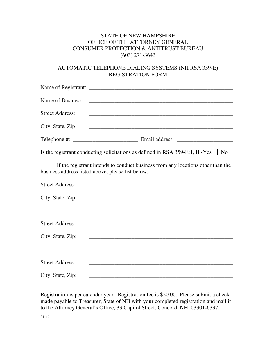 Automatic Telephone Dialing Systems Registration Form - New Hampshire, Page 1