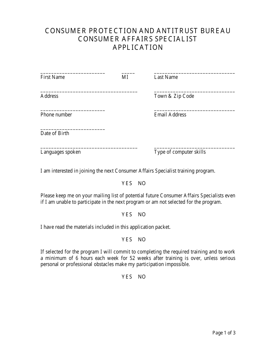 Consumer Affairs Specialist Application - New Hampshire, Page 1