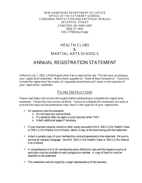 Annual Registration Statement for Health Clubs and Martial Arts Schools - New Hampshire