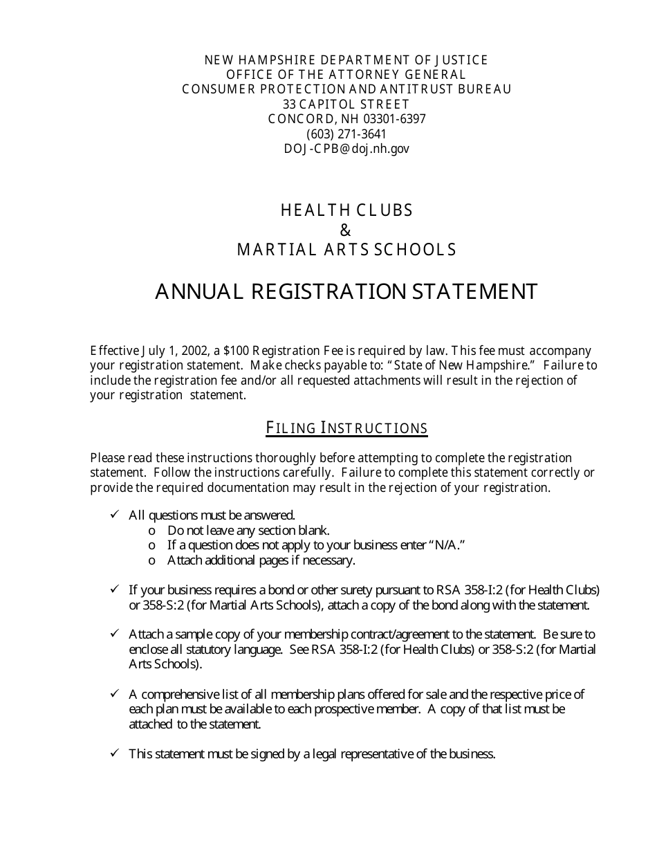 Annual Registration Statement for Health Clubs and Martial Arts Schools - New Hampshire, Page 1