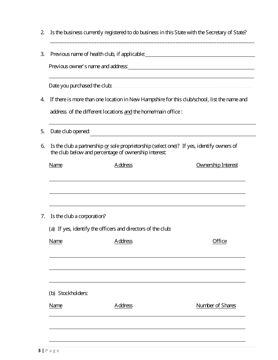 Annual Registration Statement for Health Clubs and Martial Arts Schools - New Hampshire, Page 3