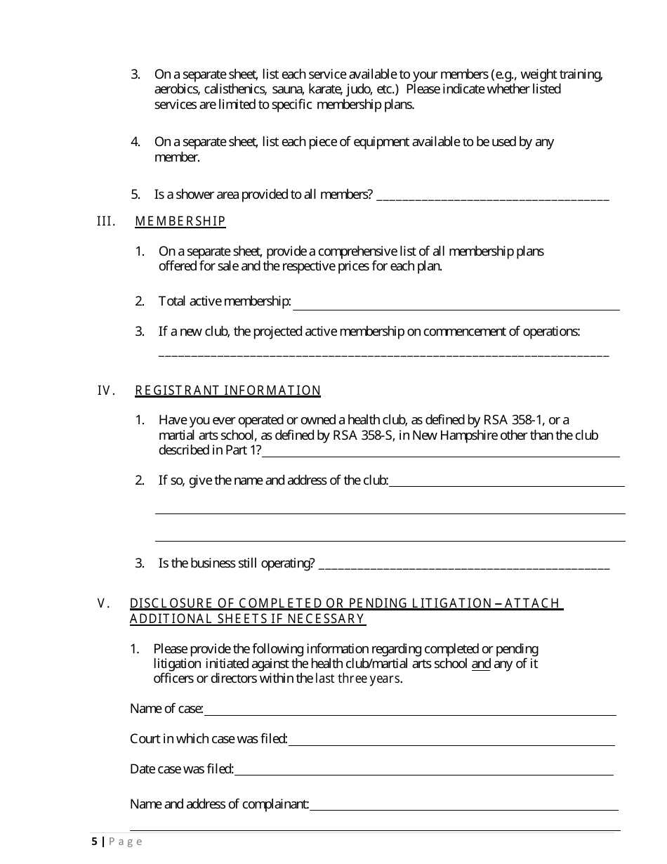 Annual Registration Statement for Health Clubs and Martial Arts Schools - New Hampshire, Page 5