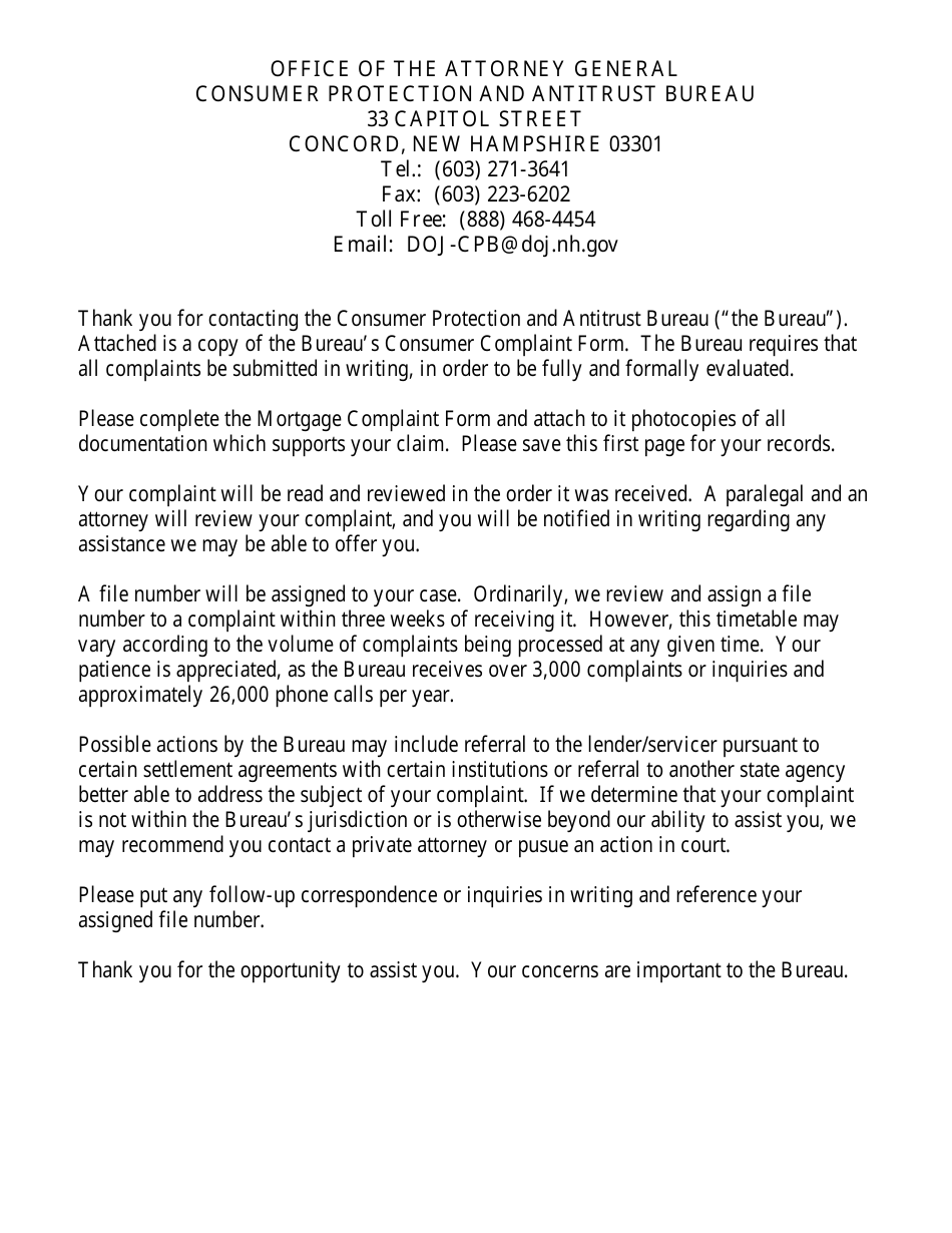 Consumer Mortgage Complaint Form - New Hampshire, Page 1
