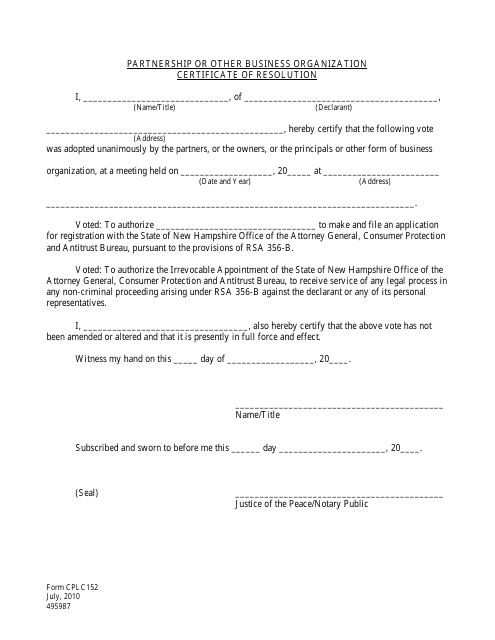 Form CPLC152 Partnership or Other Business Organization Certificate of Resolution - New Hampshire