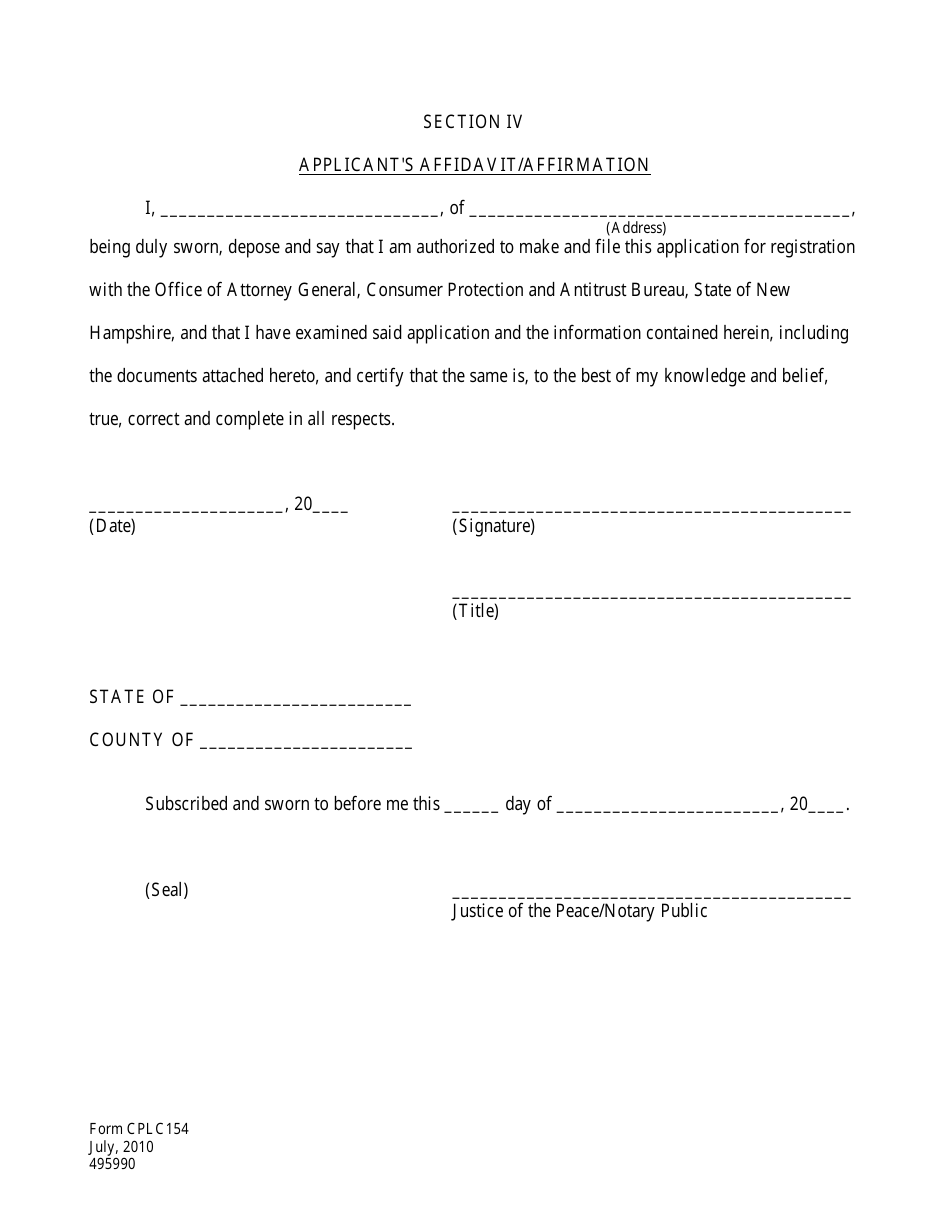 Form CPLC154 Section IV Applicants Affidavit / Affirmation - New Hampshire, Page 1