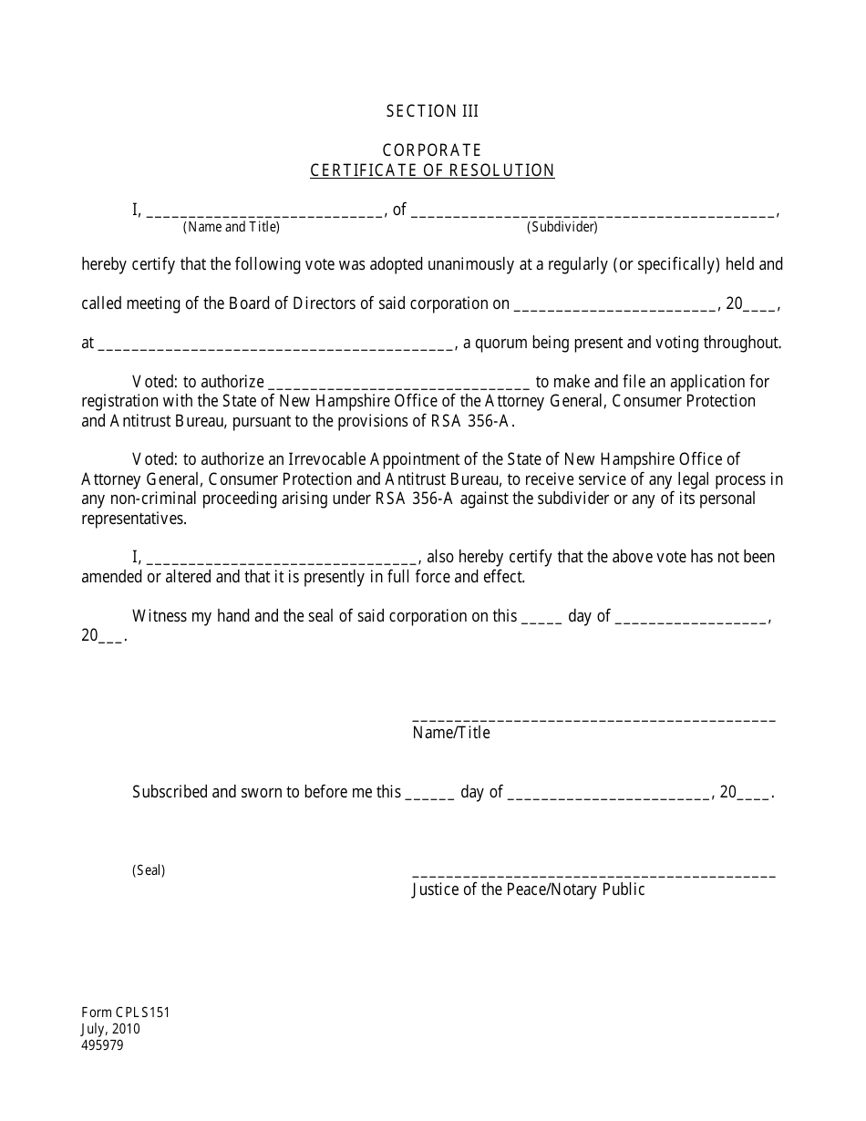 Form CPLS151 Section III Corporate Certificate of Resolution - New Hampshire, Page 1