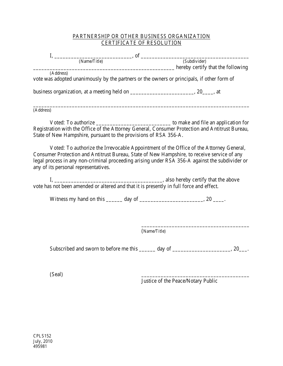 Form CPLS152 Partnership or Other Business Organization Certificate of Resolution - New Hampshire, Page 1