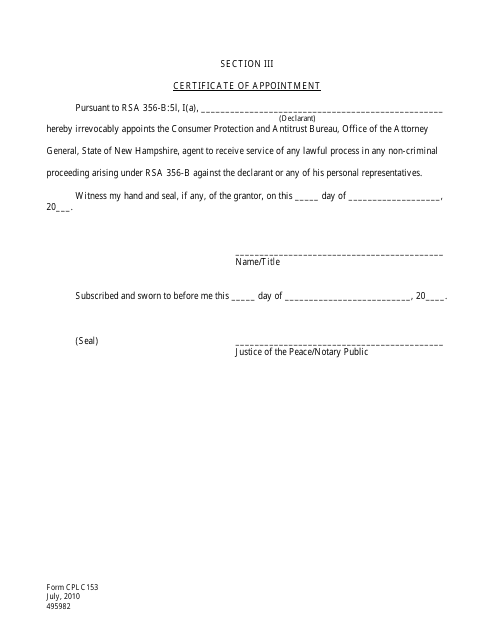 Form CPLC153 Section III Certificate of Appointment - New Hampshire