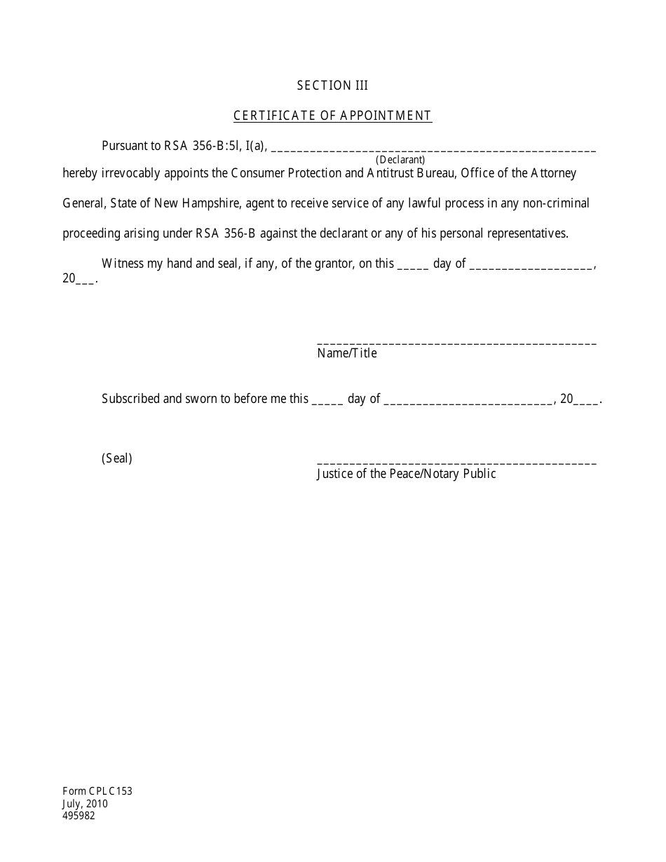 Form CPLC153 Section III Certificate of Appointment - New Hampshire, Page 1