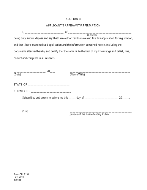 Form CPLS154 Section II Applicant&#039;s Affidavit/Affirmation - New Hampshire