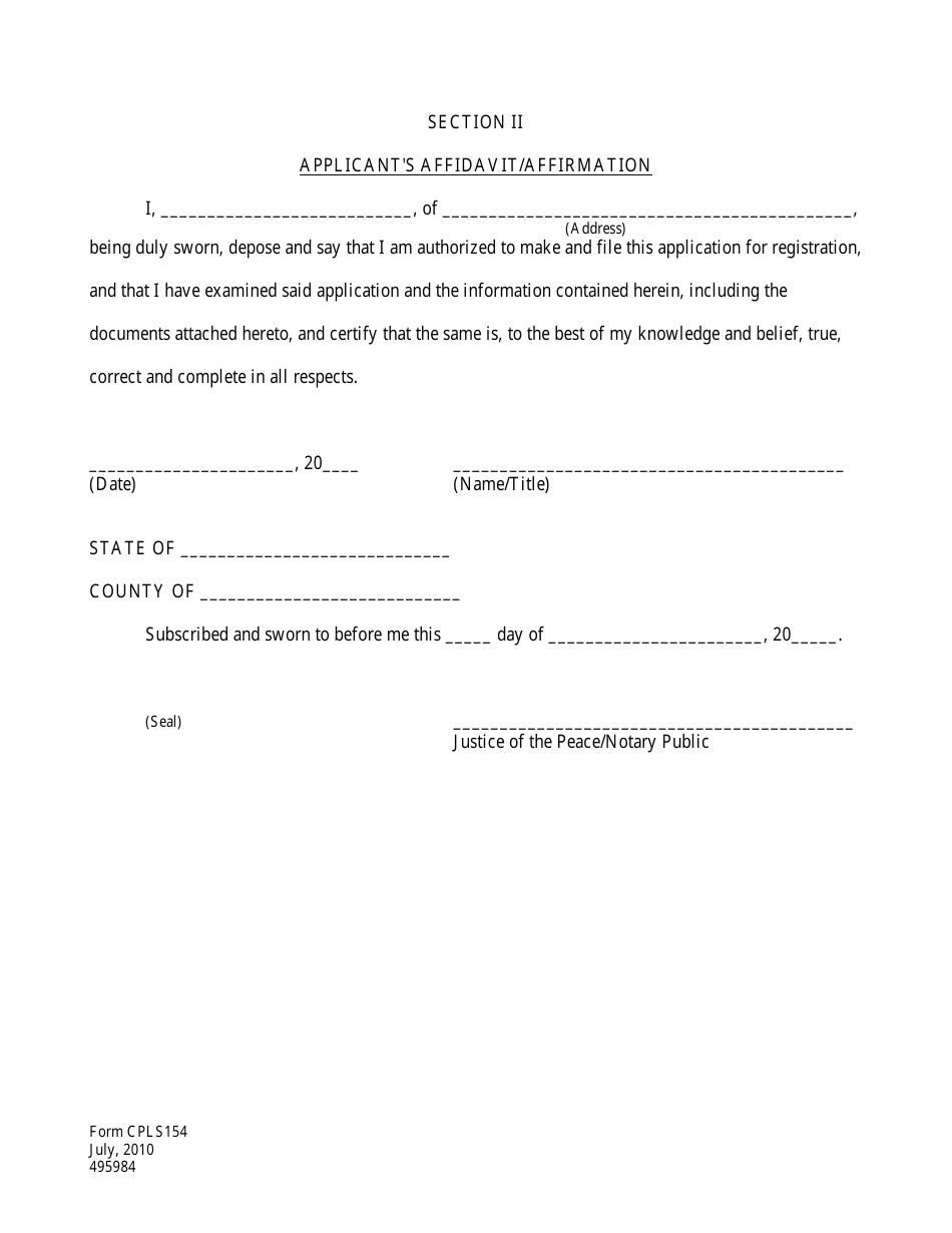 Form CPLS154 Section II Applicants Affidavit / Affirmation - New Hampshire, Page 1