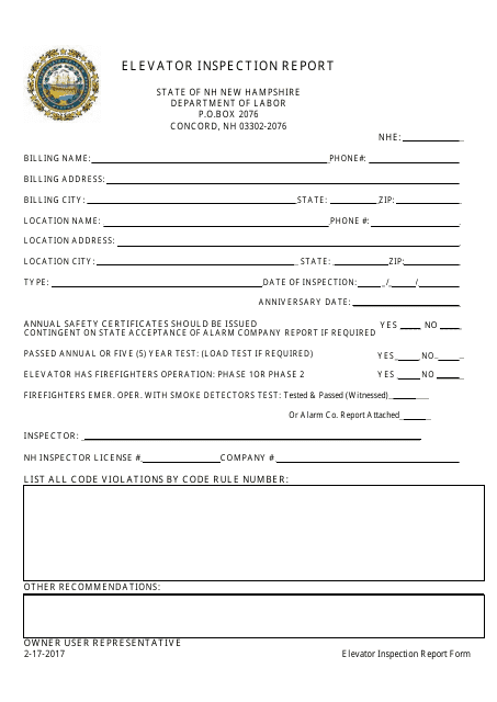 Elevator Inspection Report Form - New Hampshire