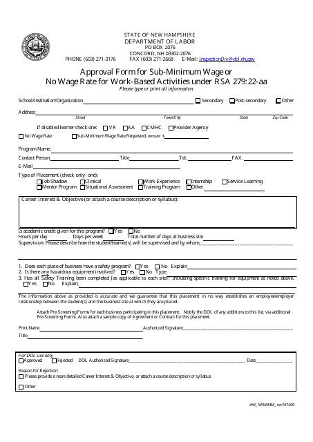 Approval Form for Sub-minimum Wage or No Wage Rate for Work-Based Activities Under Rsa 279:22-aa - New Hampshire Download Pdf