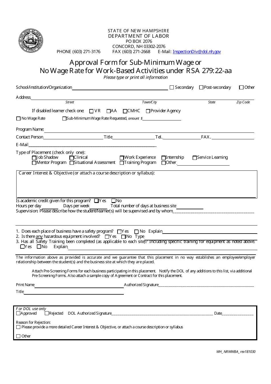 New Hampshire Approval Form For Sub-minimum Wage Or No Wage Rate For ...