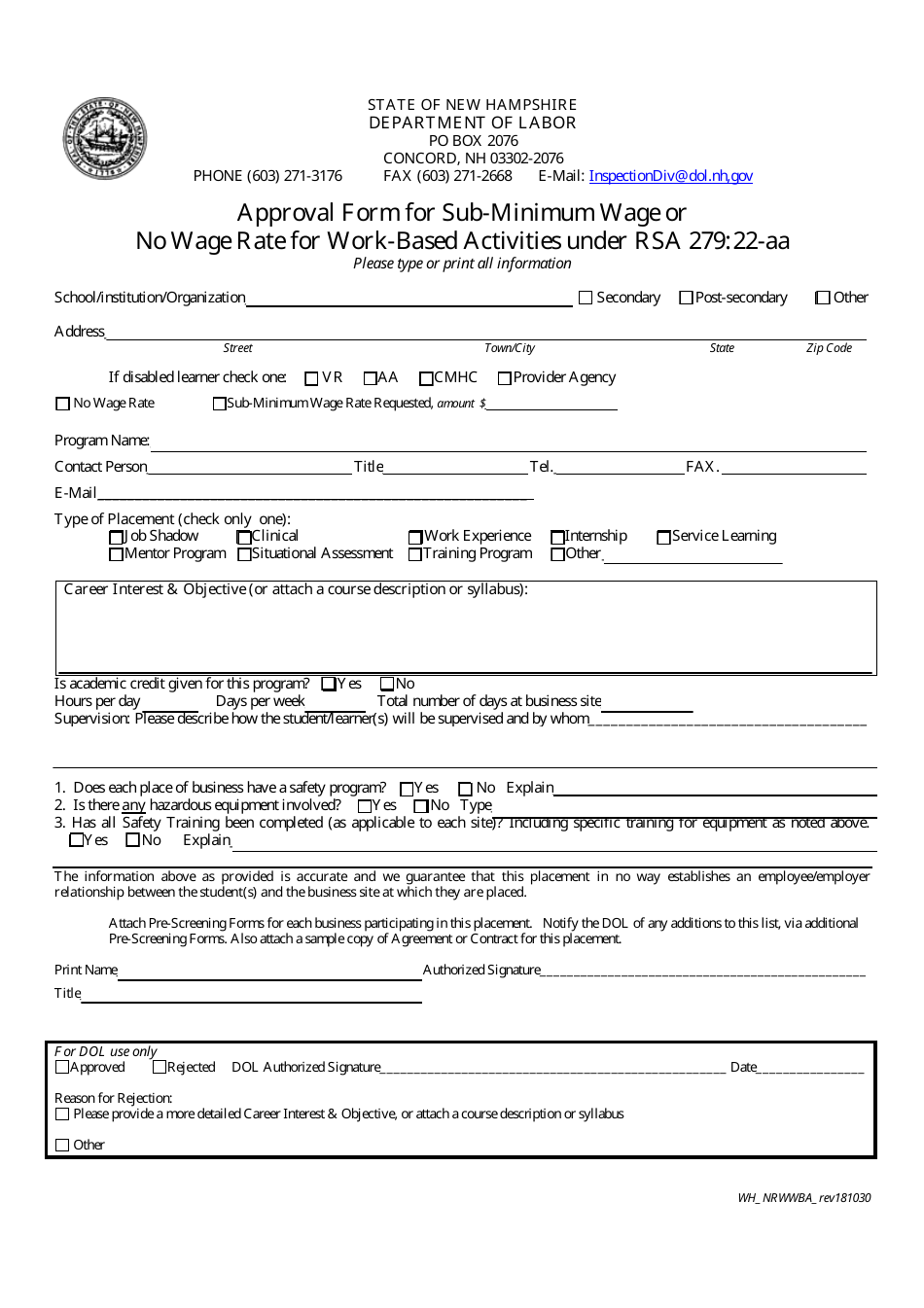 Approval Form for Sub-minimum Wage or No Wage Rate for Work-Based Activities Under Rsa 279:22-aa - New Hampshire, Page 1