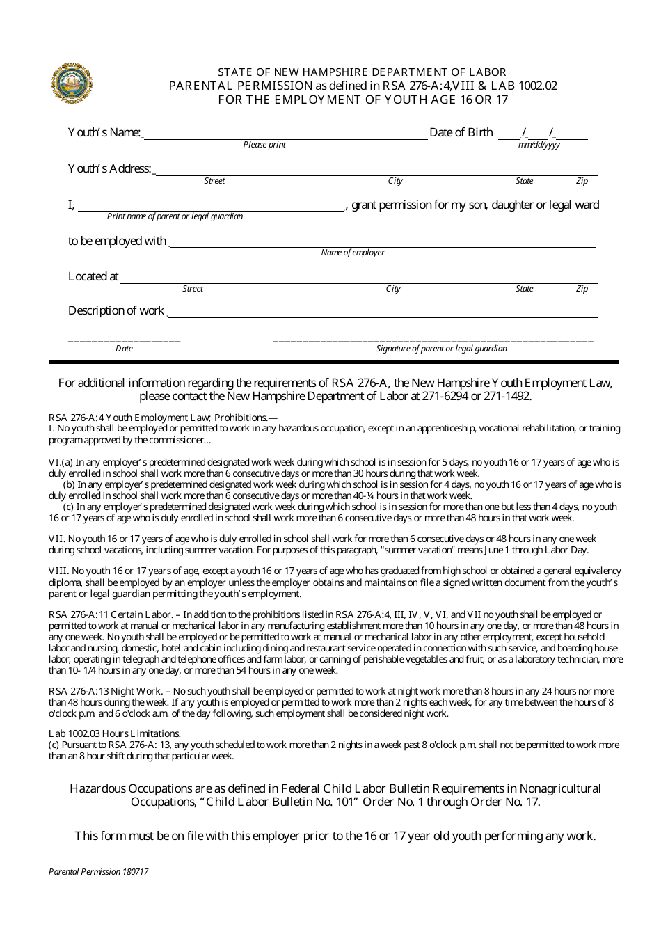 Parental Permission for the Employment of Youth Age 16 or 17 - New Hampshire, Page 1