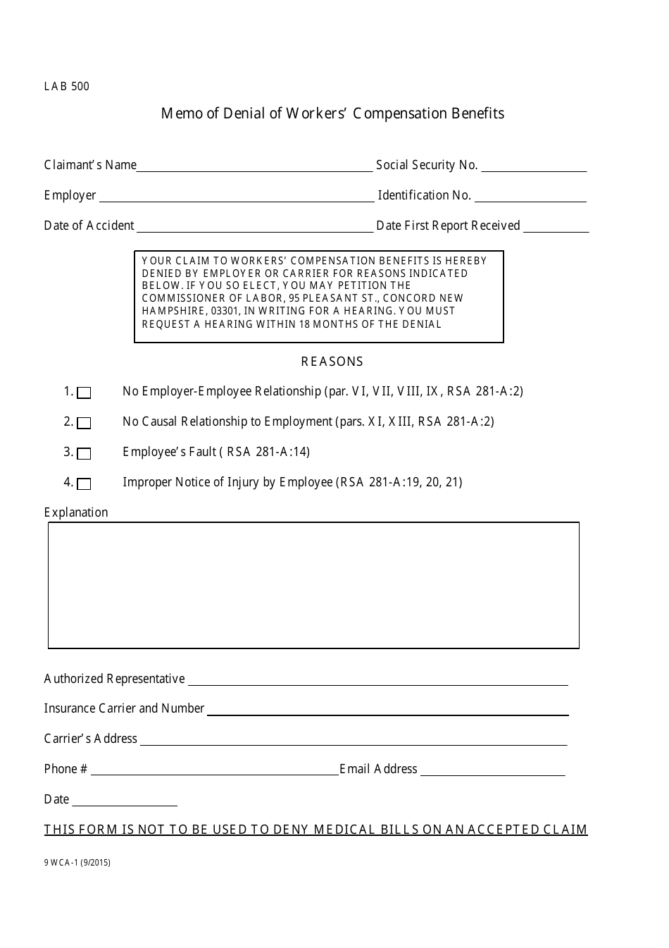 Form 9 WCA-1 Memo of Denial of Workers Compensation Benefits - New Hampshire, Page 1
