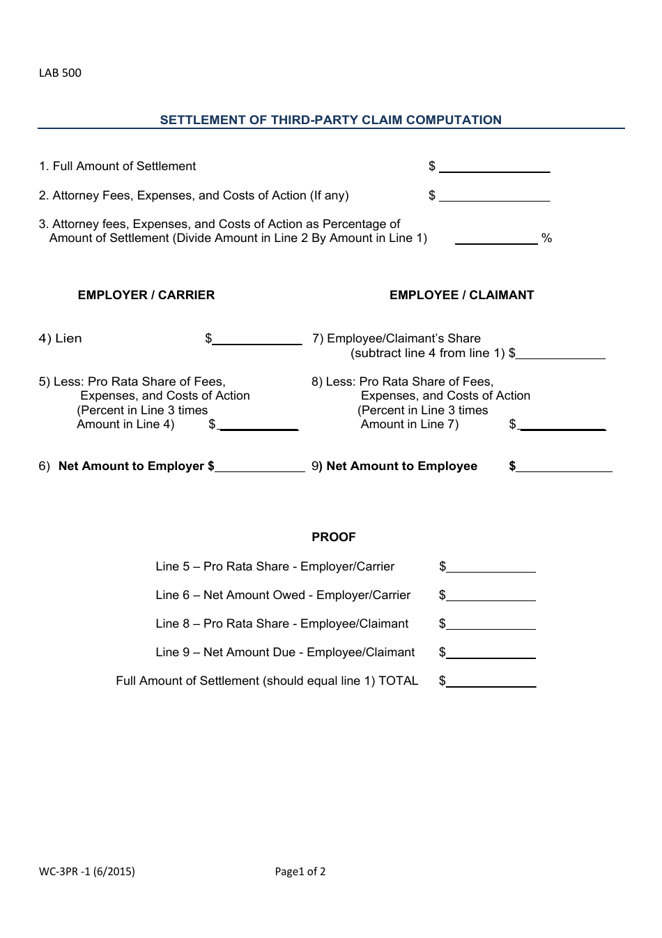 Form WC-3PR -1 Settlement of Third-Party Claim Computation - New Hampshire, Page 1