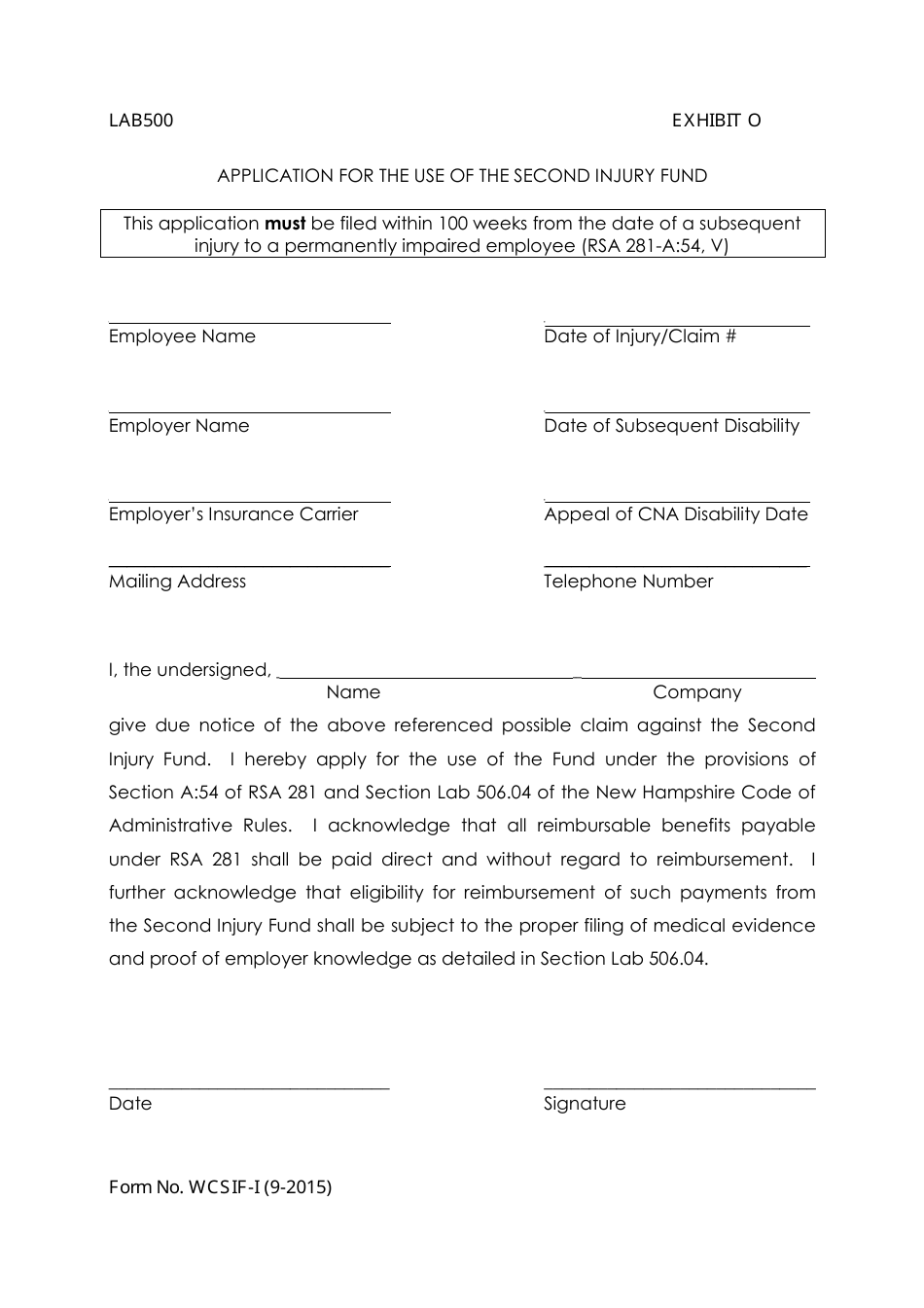 Form WCSIF-1 Exhibit O Application for the Use of the Second Injury Fund - New Hampshire, Page 1