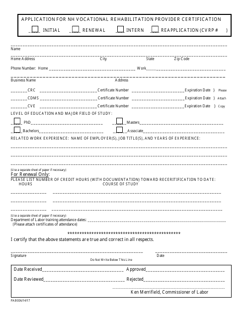 Form PAB006 Application for Nh Vocational Rehabilitation Provider Certification - New Hampshire