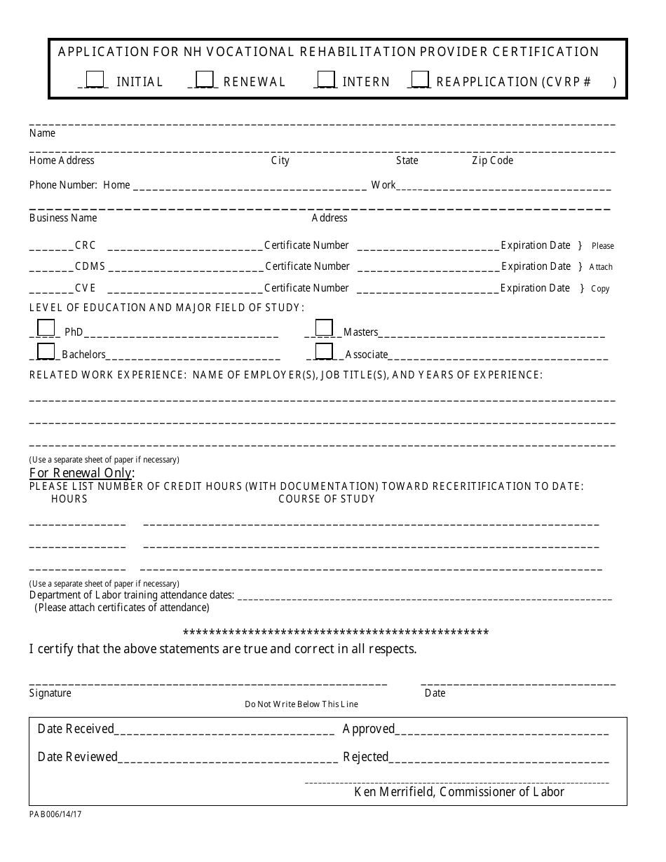 Form PAB006 Application for Nh Vocational Rehabilitation Provider Certification - New Hampshire, Page 1